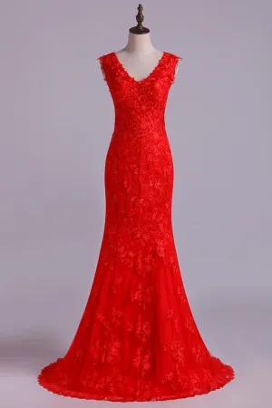 2024 V-Neck Tulle Evening Dresses Mermaid With Applique