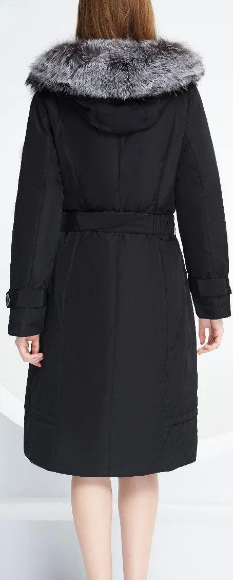 Fox Fur Collar Belted Down Coat