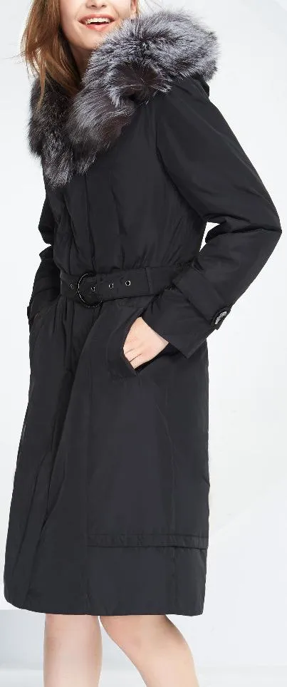 Fox Fur Collar Belted Down Coat