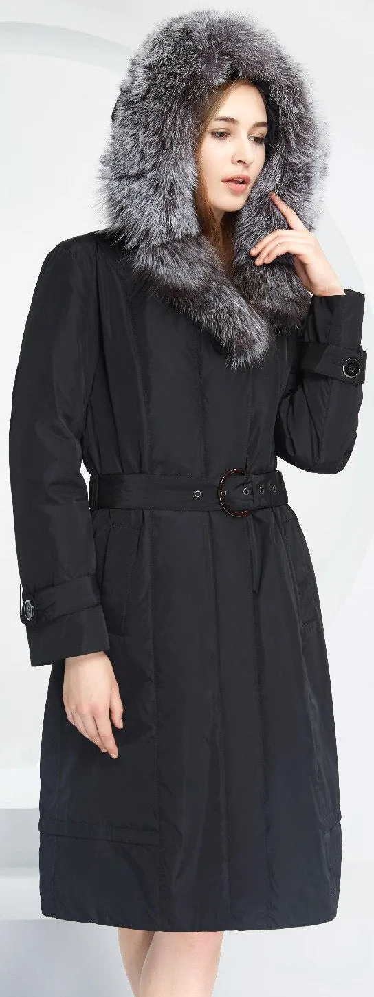 Fox Fur Collar Belted Down Coat