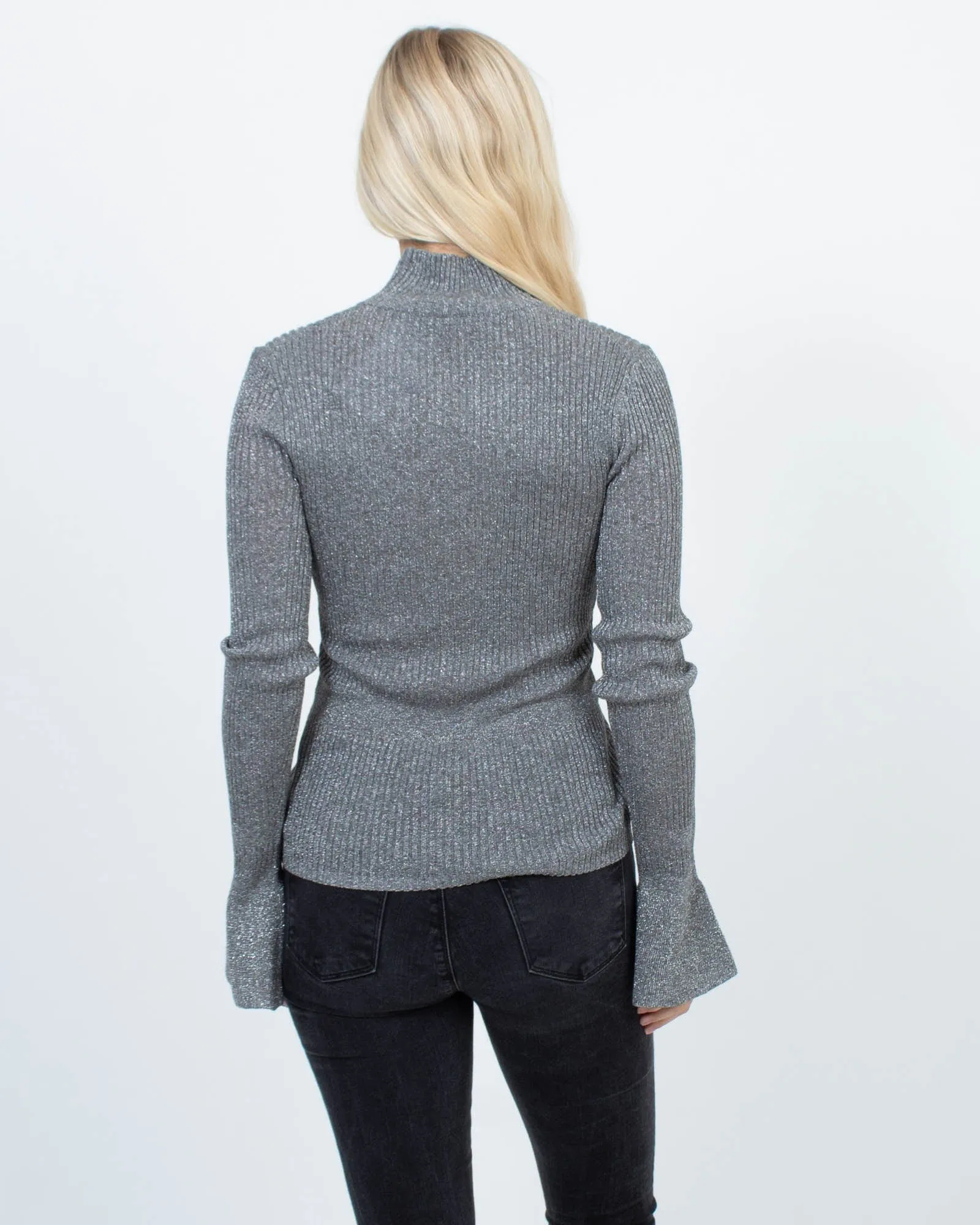 Long Sleeve Ribbed Metallic Mock Turtleneck Sweater