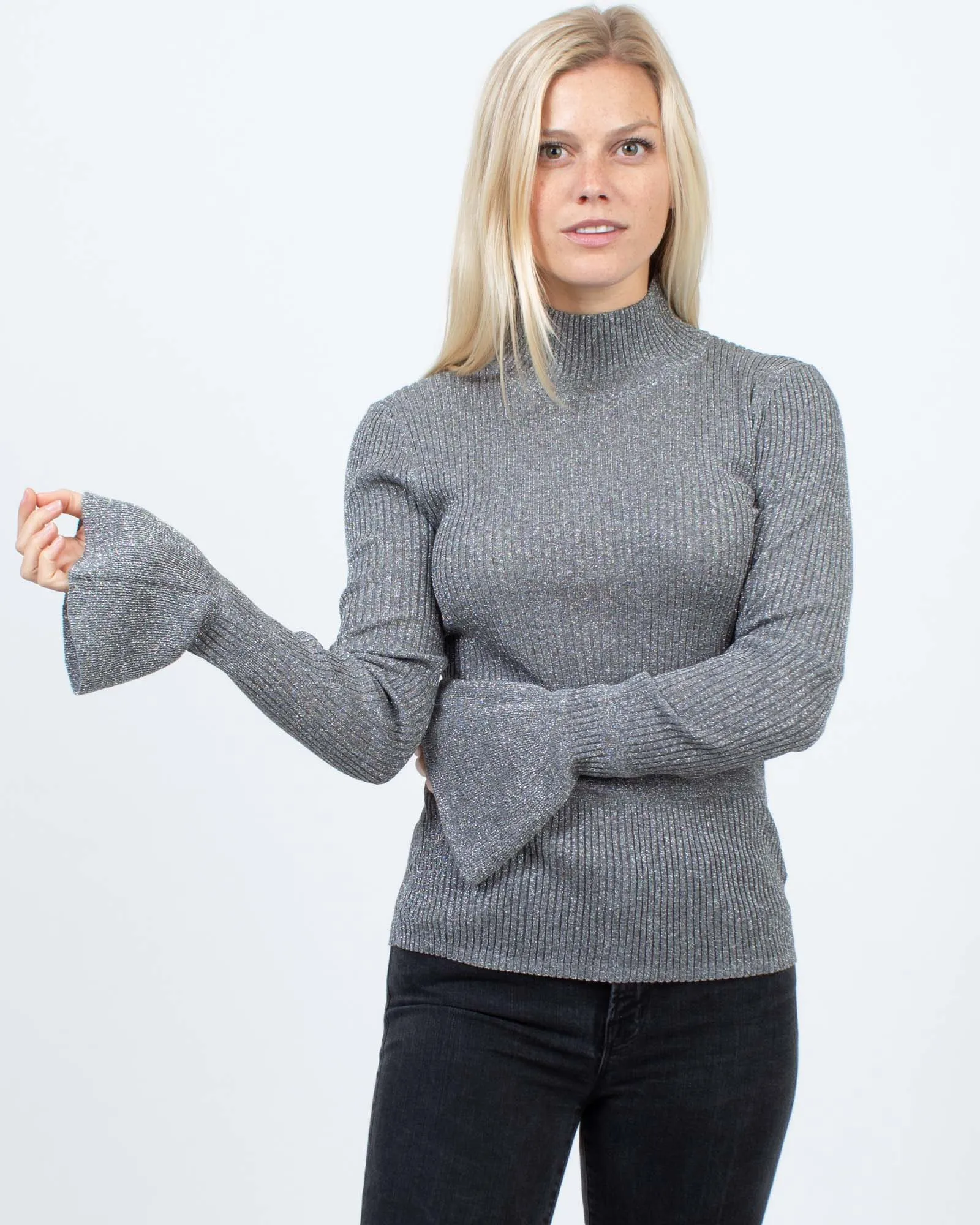 Long Sleeve Ribbed Metallic Mock Turtleneck Sweater
