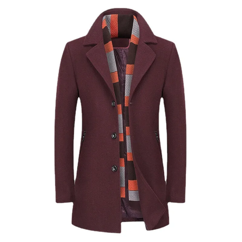 Men's Winter Thick Warm Woolen Trench Coat with Shawl Collar