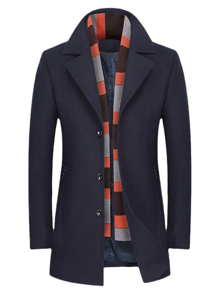 Men's Winter Thick Warm Woolen Trench Coat with Shawl Collar