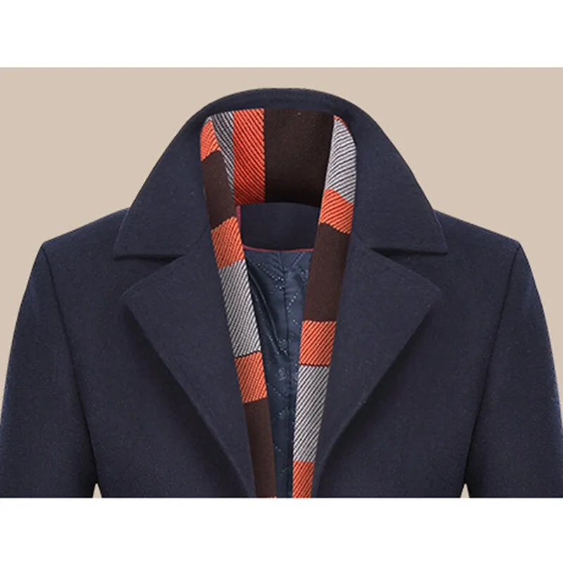 Men's Winter Thick Warm Woolen Trench Coat with Shawl Collar