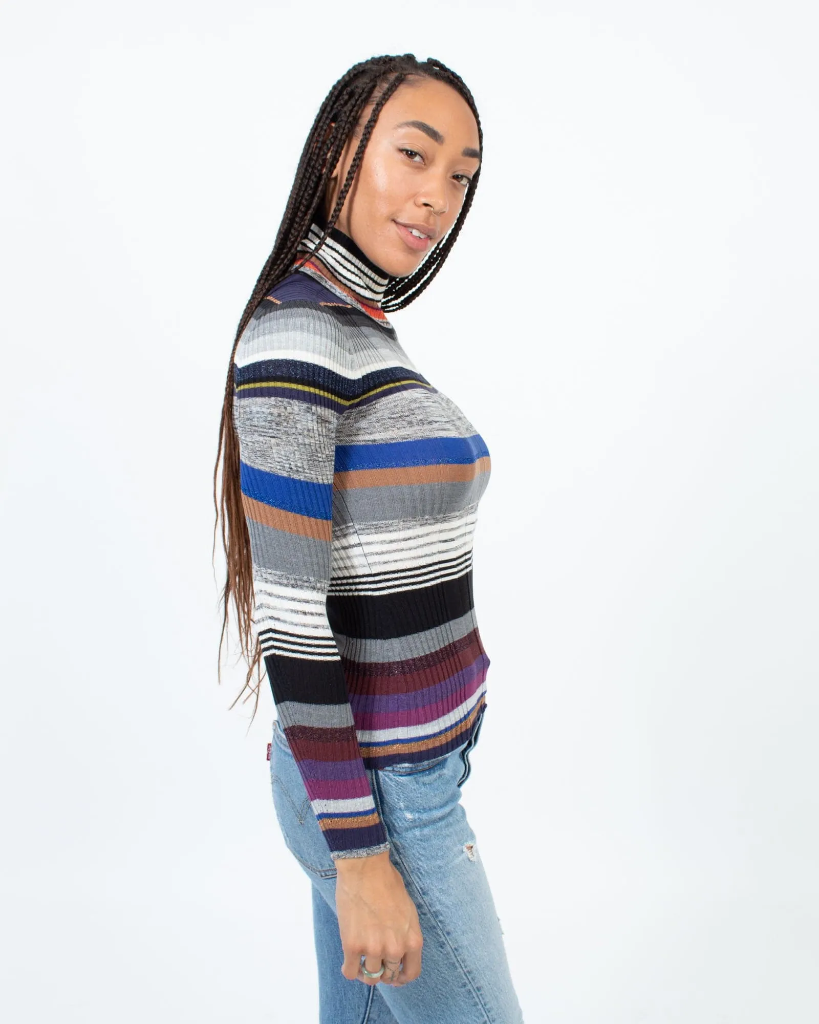 Metallic Striped Long Sleeve Turtleneck Top