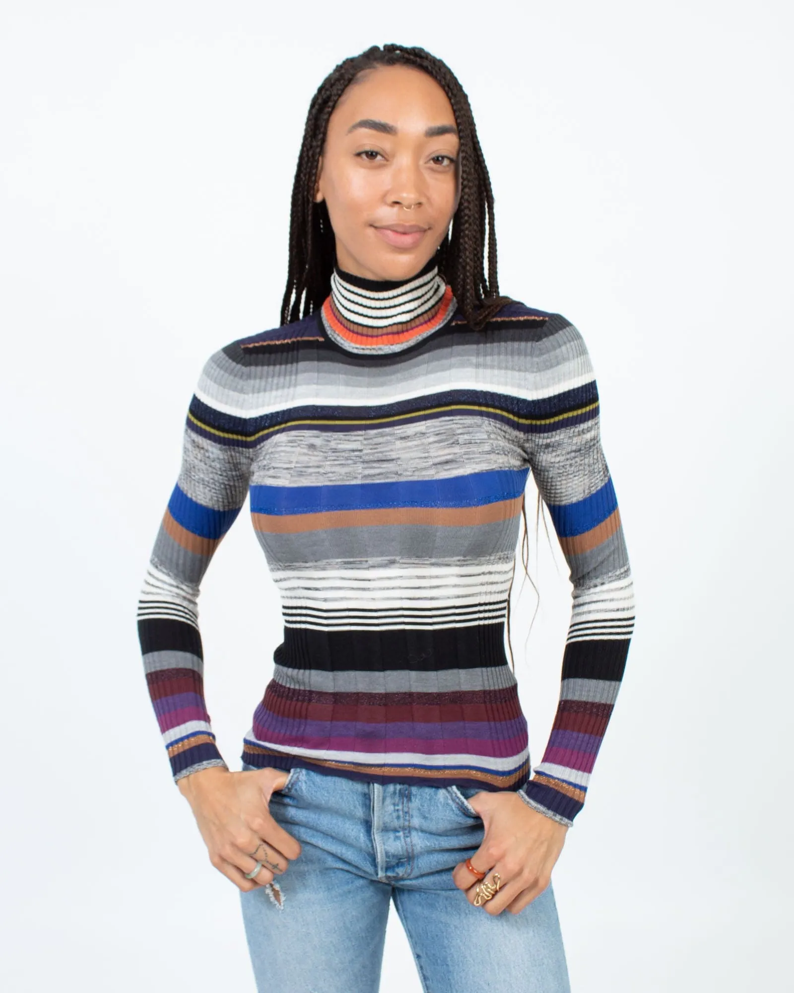 Metallic Striped Long Sleeve Turtleneck Top