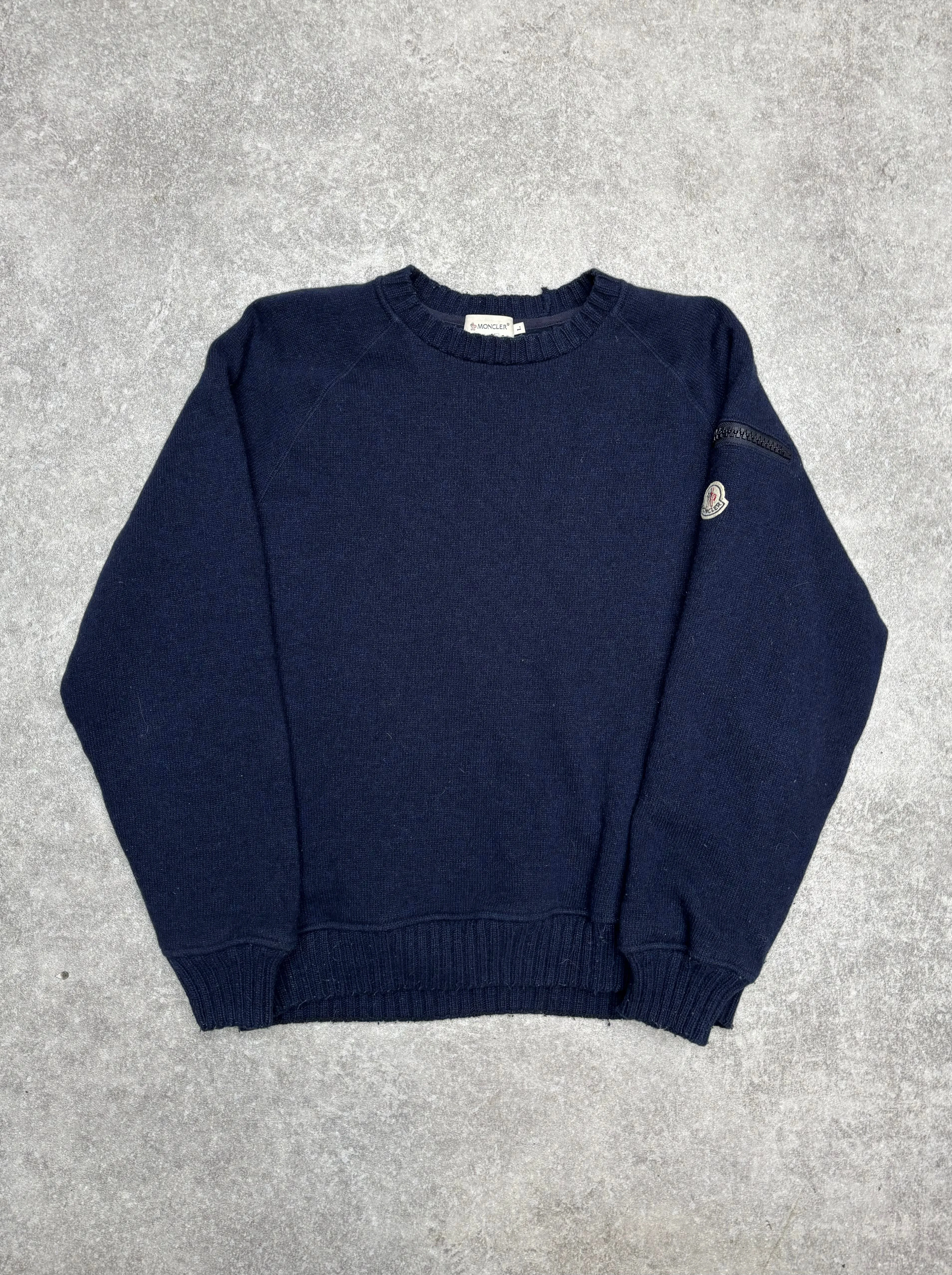 Moncler Navy Wool Knit Jumper Zip Sleeve Pocket