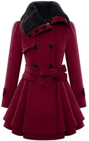 Zeagoo Women Long Sleeve Faux Fur Lapel Double-Breasted Thick Wool Coat