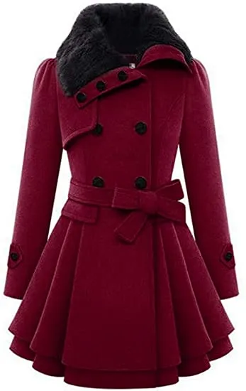 Zeagoo Women Long Sleeve Faux Fur Lapel Double-Breasted Thick Wool Coat